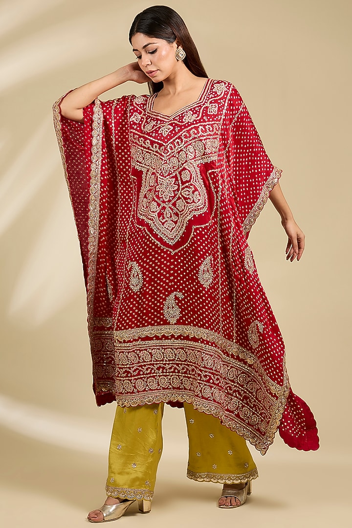 Red & Pink Gajji Silk Kaftan Set by Faabiiana at Pernia's Pop Up Shop