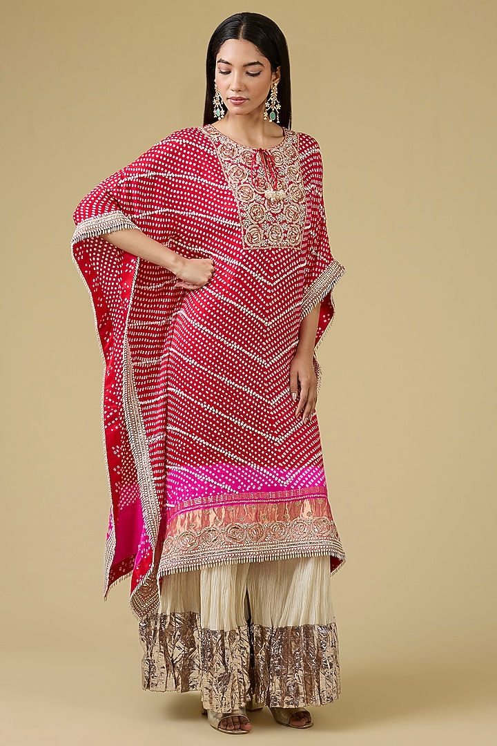 Red-Pink Gajji Silk Bandhani Kaftan Set by Faabiiana at Pernia's Pop Up Shop