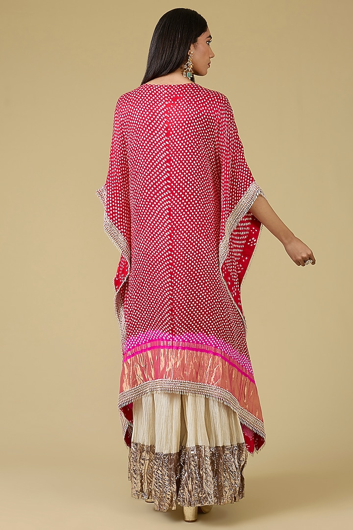 Red-Pink Gajji Silk Bandhani Kaftan Set by Faabiiana at Pernia's Pop Up Shop