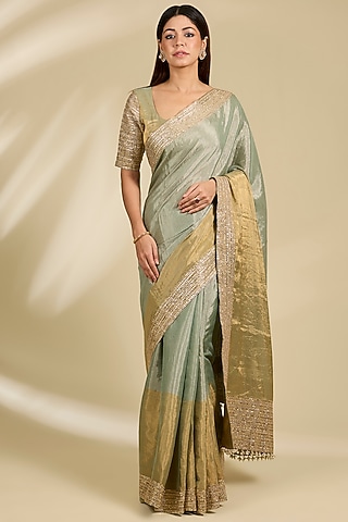 Grey Banarasi Tissue Saree Set by Faabiiana