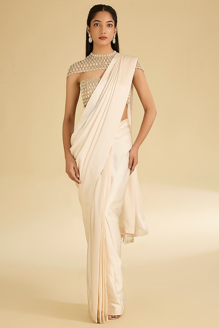 Ivory Satin Silk Reception Saree Set by Faabiiana at Pernia's Pop Up Shop