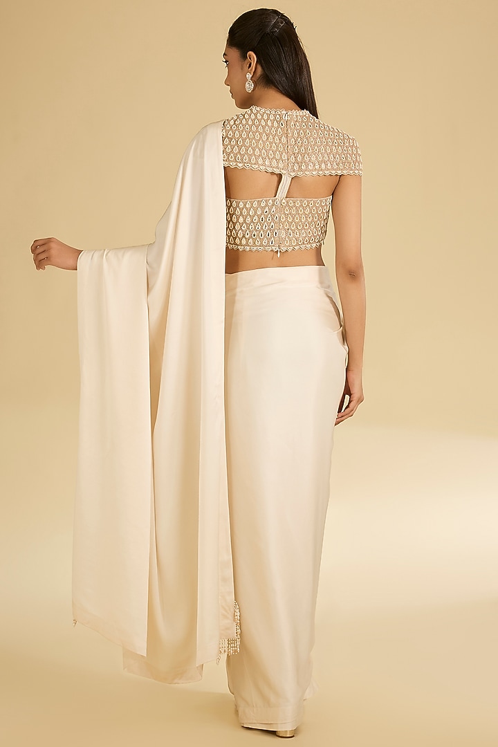 Ivory Satin Silk Reception Saree Set by Faabiiana at Pernia's Pop Up Shop