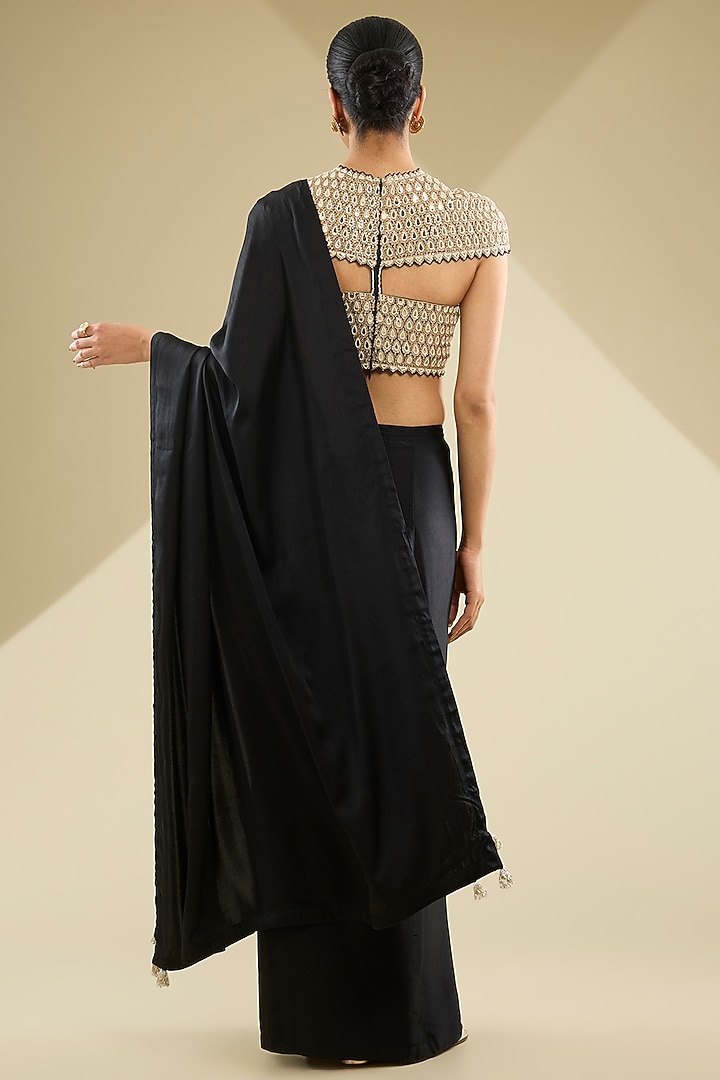 Black Satin Reception Saree Set by Faabiiana at Pernia's Pop Up Shop