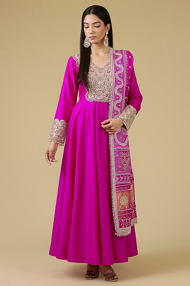 Pink Muga Silk Pearl Work Bridal Anarkali Set by Faabiiana at Pernia's Pop Up Shop