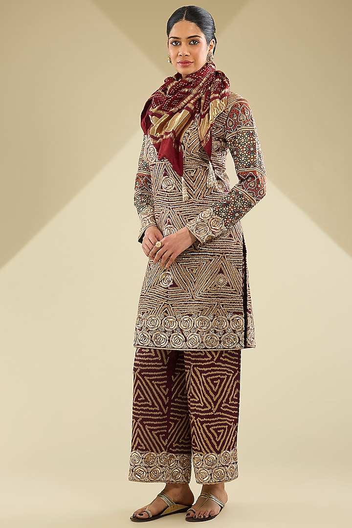 Brown Bandhani Ajrakh Kurta Set by Faabiiana at Pernia's Pop Up Shop