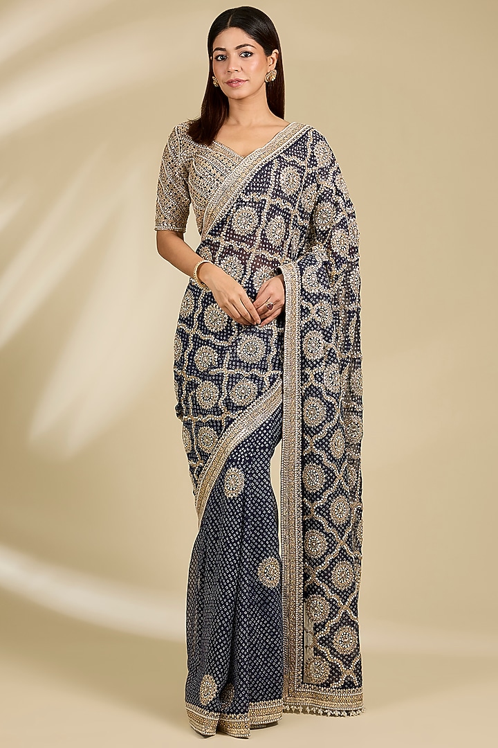 Navy Blue Gajji Silk Bridal Saree Set by Faabiiana at Pernia's Pop Up Shop