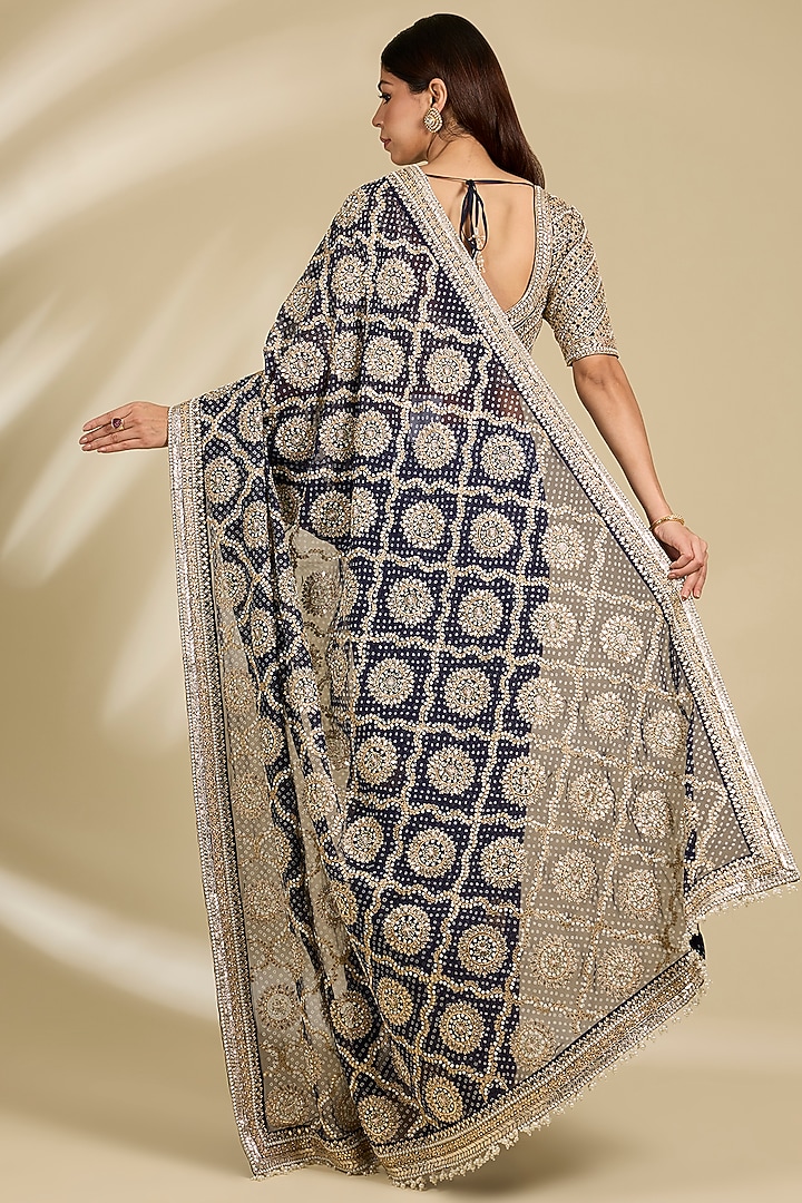 Navy Blue Gajji Silk Bridal Saree Set by Faabiiana at Pernia's Pop Up Shop