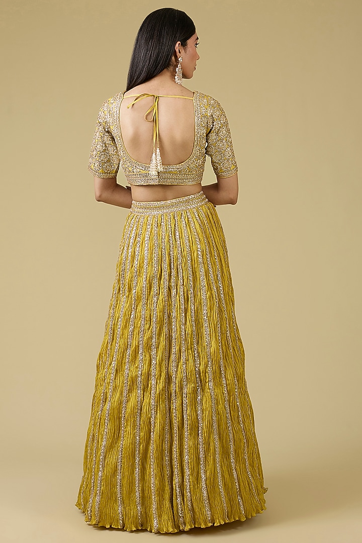 Sage Green Crushed Silk Bridal Lehenga Set by Faabiiana at Pernia's Pop Up Shop