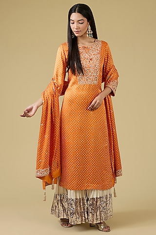 Orange Gajji Silk Rose Work Kurta Set by Faabiiana
