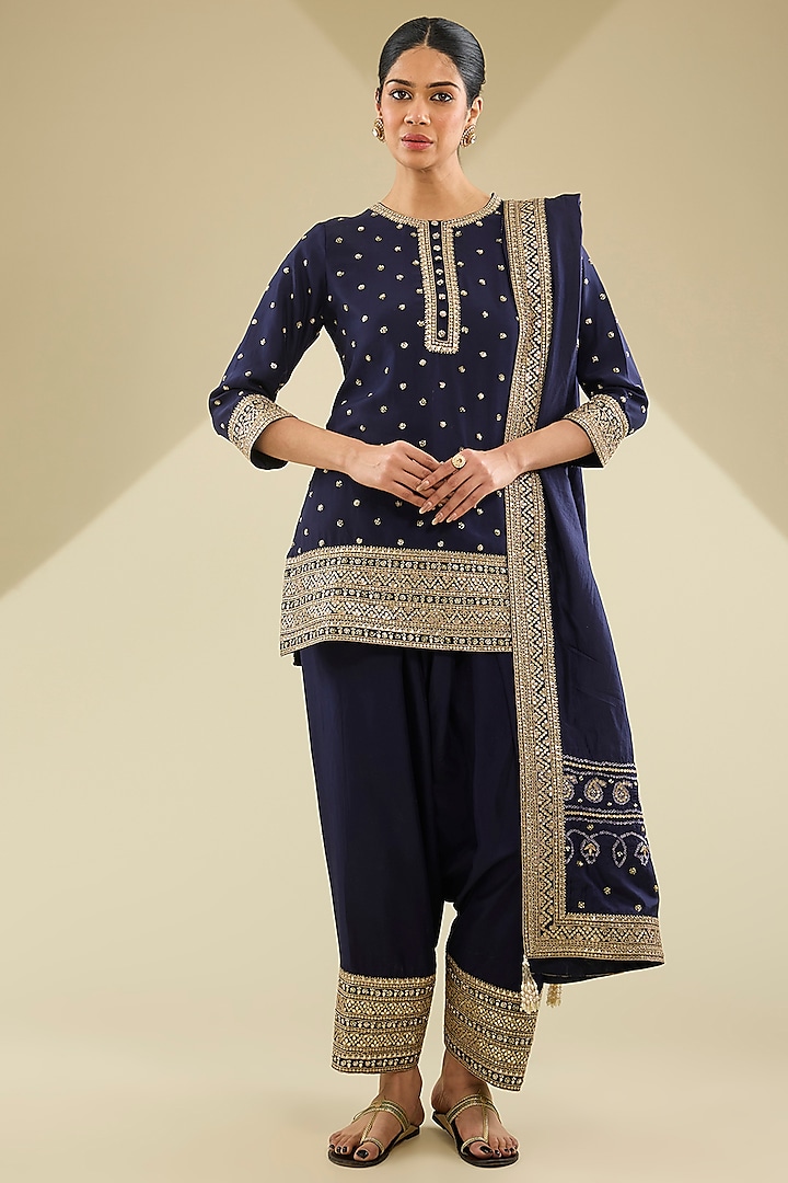 Blue Muga Silk Kurta Set by Faabiiana at Pernia's Pop Up Shop