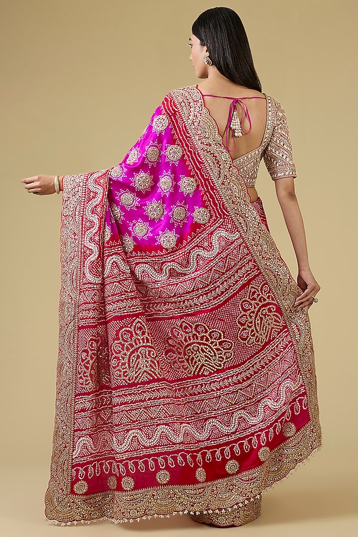 Red-Pink Gajji Silk Bandhani Bridal Saree Set by Faabiiana at Pernia's Pop Up Shop