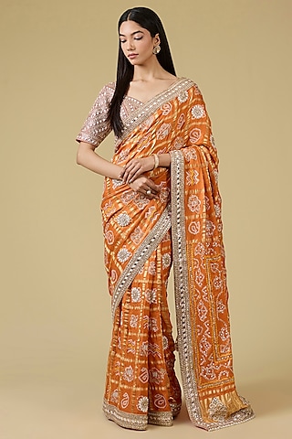 Orange Gharchola Embroidered Saree Set by Faabiiana