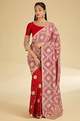 Red Gajji Silk Saree Set by Faabiiana
