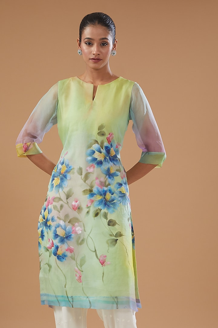 Green Pure Silk Organza Hand Painted Kurta by Fallon Studio by Shruti Kaushik at Pernia's Pop Up Shop