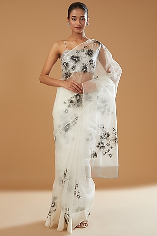 White Pure Silk Organza Hand Painted Saree by Fallon Studio by Shruti Kaushik