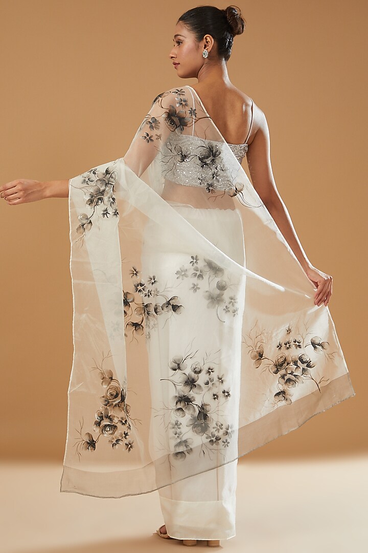 White Pure Silk Organza Hand Painted Party Wear Saree by Fallon Studio by Shruti Kaushik at Pernia's Pop Up Shop