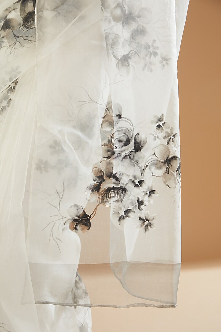 White Pure Silk Organza Hand Painted Party Wear Saree by Fallon Studio by Shruti Kaushik at Pernia's Pop Up Shop