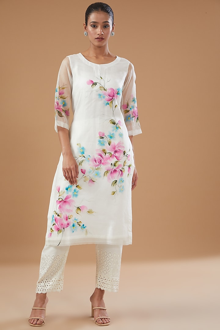 White Pure Silk Organza Hand Painted Kurta by Fallon Studio by Shruti Kaushik at Pernia's Pop Up Shop