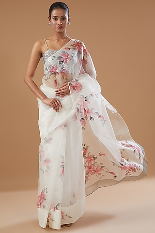 White Pure Silk Organza Hand Painted Saree by Fallon Studio by Shruti Kaushik