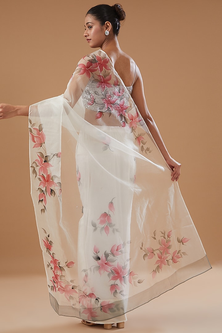 White Pure Silk Organza Hand Painted Party Wear Saree by Fallon Studio by Shruti Kaushik at Pernia's Pop Up Shop