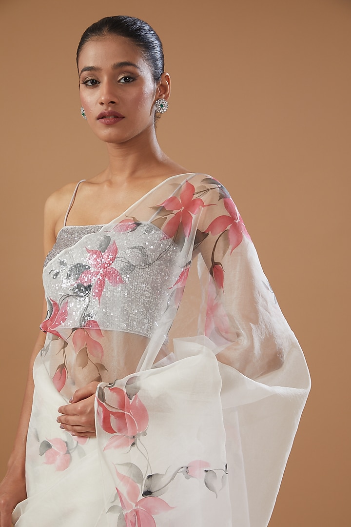 White Pure Silk Organza Hand Painted Party Wear Saree by Fallon Studio by Shruti Kaushik at Pernia's Pop Up Shop