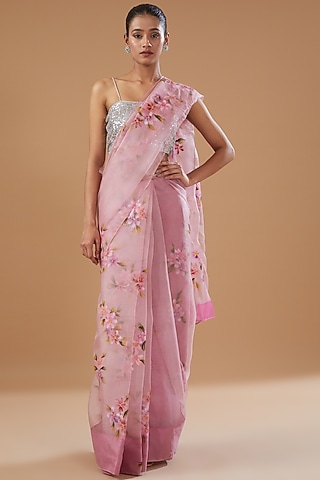 Pink Pure Silk Organza Hand Painted Saree by Fallon Studio by Shruti Kaushik
