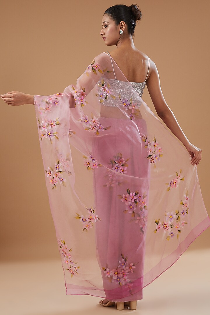 Pink Pure Silk Organza Hand Painted Party Wear Saree by Fallon Studio by Shruti Kaushik at Pernia's Pop Up Shop
