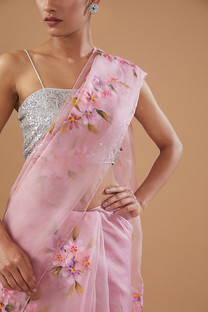 Pink Pure Silk Organza Hand Painted Party Wear Saree by Fallon Studio by Shruti Kaushik at Pernia's Pop Up Shop