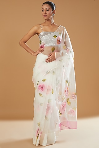 White Pure Silk Organza Hand Painted Saree by Fallon Studio by Shruti Kaushik