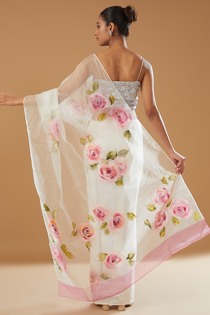 White Pure Silk Organza Hand Painted Party Wear Saree by Fallon Studio by Shruti Kaushik at Pernia's Pop Up Shop