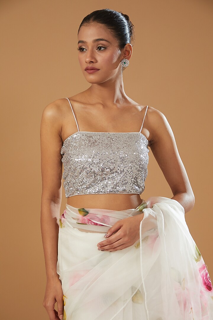 White Pure Silk Organza Hand Painted Party Wear Saree by Fallon Studio by Shruti Kaushik at Pernia's Pop Up Shop