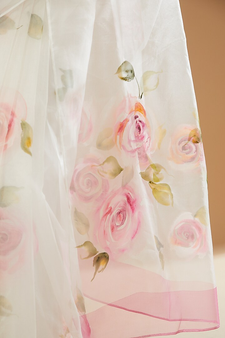 White Pure Silk Organza Hand Painted Party Wear Saree by Fallon Studio by Shruti Kaushik at Pernia's Pop Up Shop