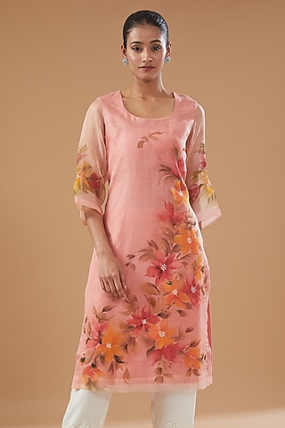 Peach Pure Silk Organza Hand Painted Kurta by Fallon Studio by Shruti Kaushik