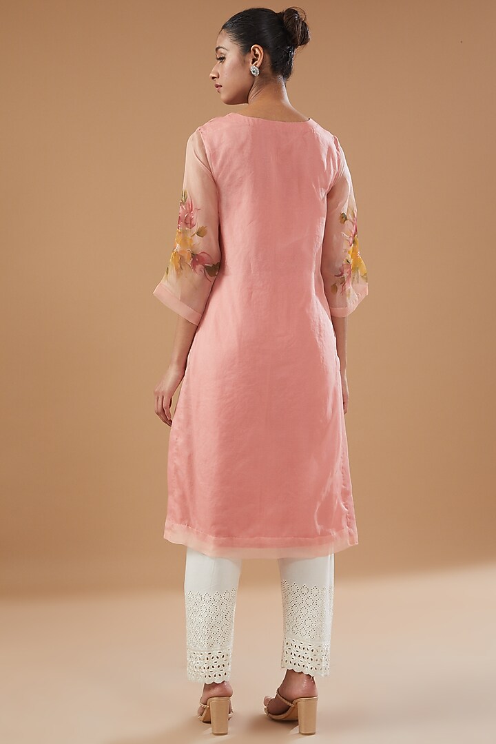 Peach Pure Silk Organza Hand Painted Kurta by Fallon Studio by Shruti Kaushik at Pernia's Pop Up Shop