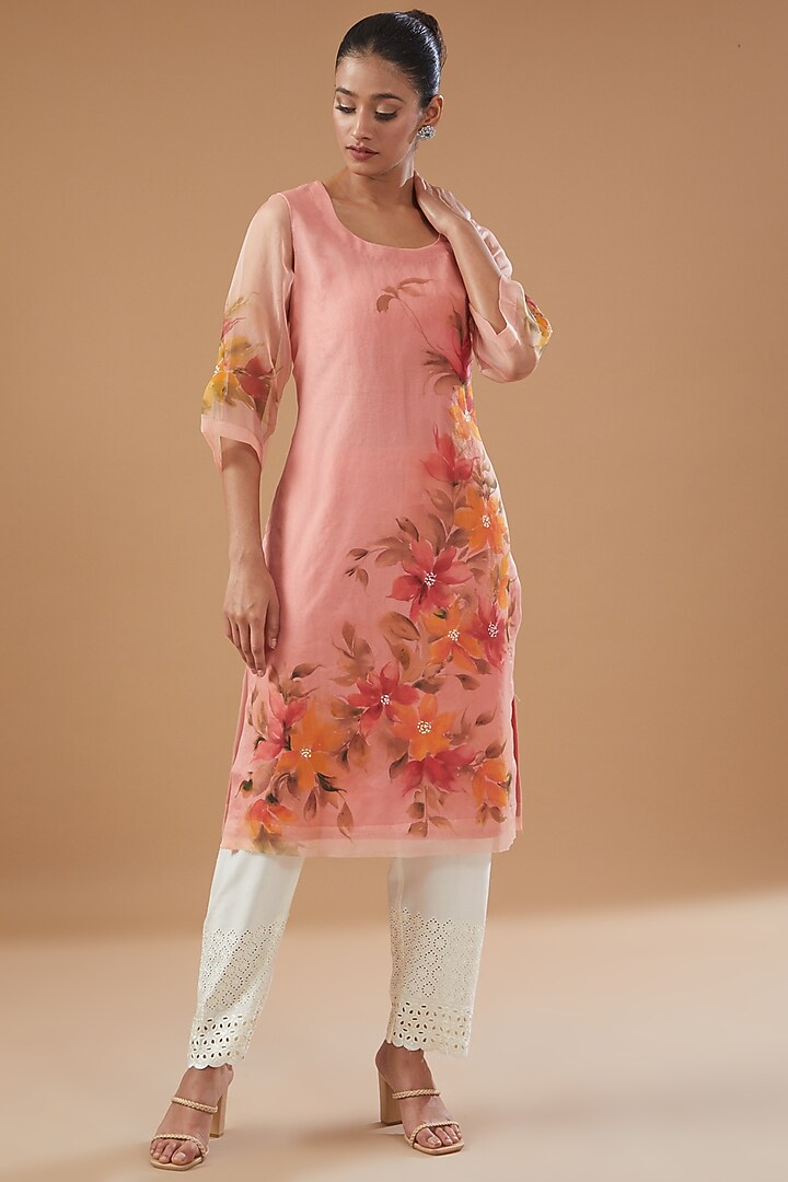 Peach Pure Silk Organza Hand Painted Kurta by Fallon Studio by Shruti Kaushik at Pernia's Pop Up Shop