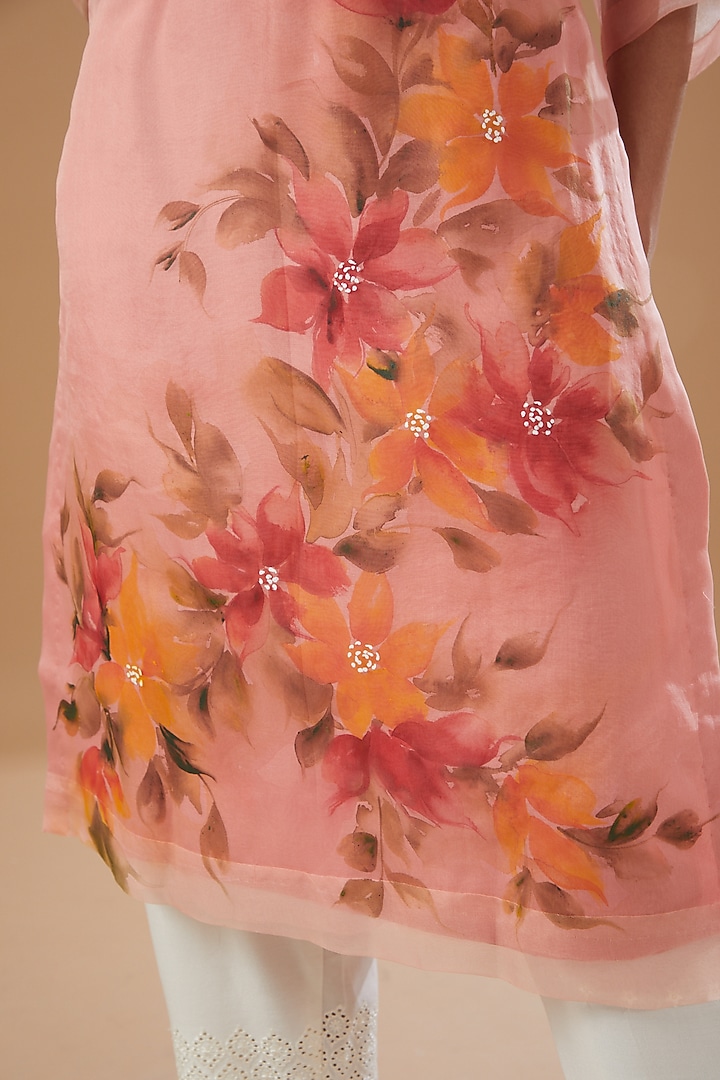 Peach Pure Silk Organza Hand Painted Kurta by Fallon Studio by Shruti Kaushik at Pernia's Pop Up Shop