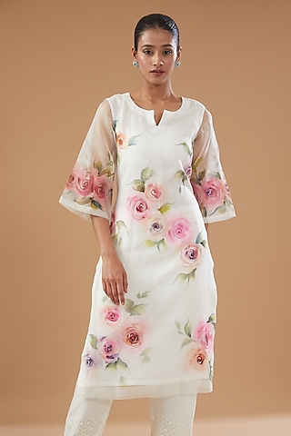 White Pure Silk Organza Hand Painted Kurta by Fallon Studio by Shruti Kaushik