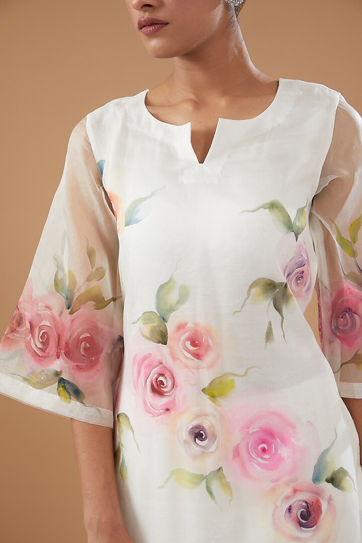 White Pure Silk Organza Hand Painted Kurta by Fallon Studio by Shruti Kaushik at Pernia's Pop Up Shop