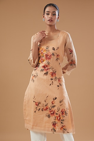 Beige Pure Silk Organza Hand Painted Kurta by Fallon Studio by Shruti Kaushik