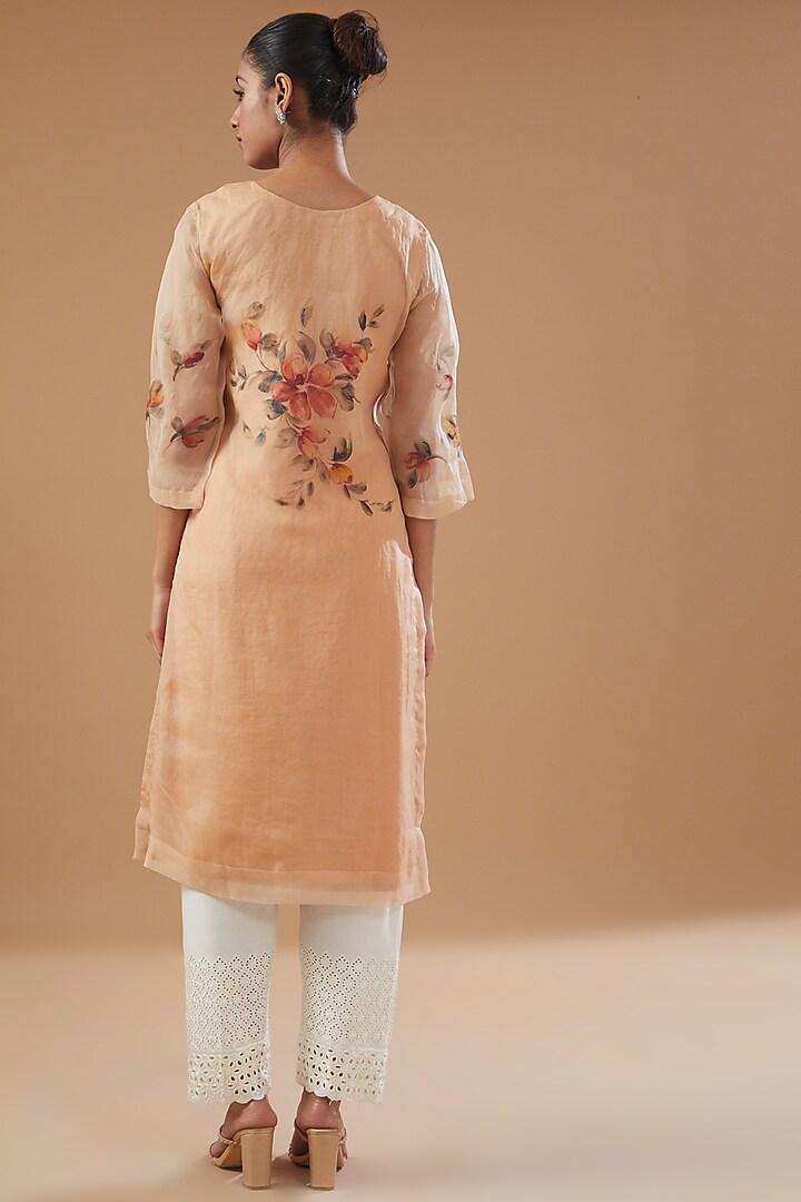 Beige Pure Silk Organza Hand Painted Kurta by Fallon Studio by Shruti Kaushik at Pernia's Pop Up Shop
