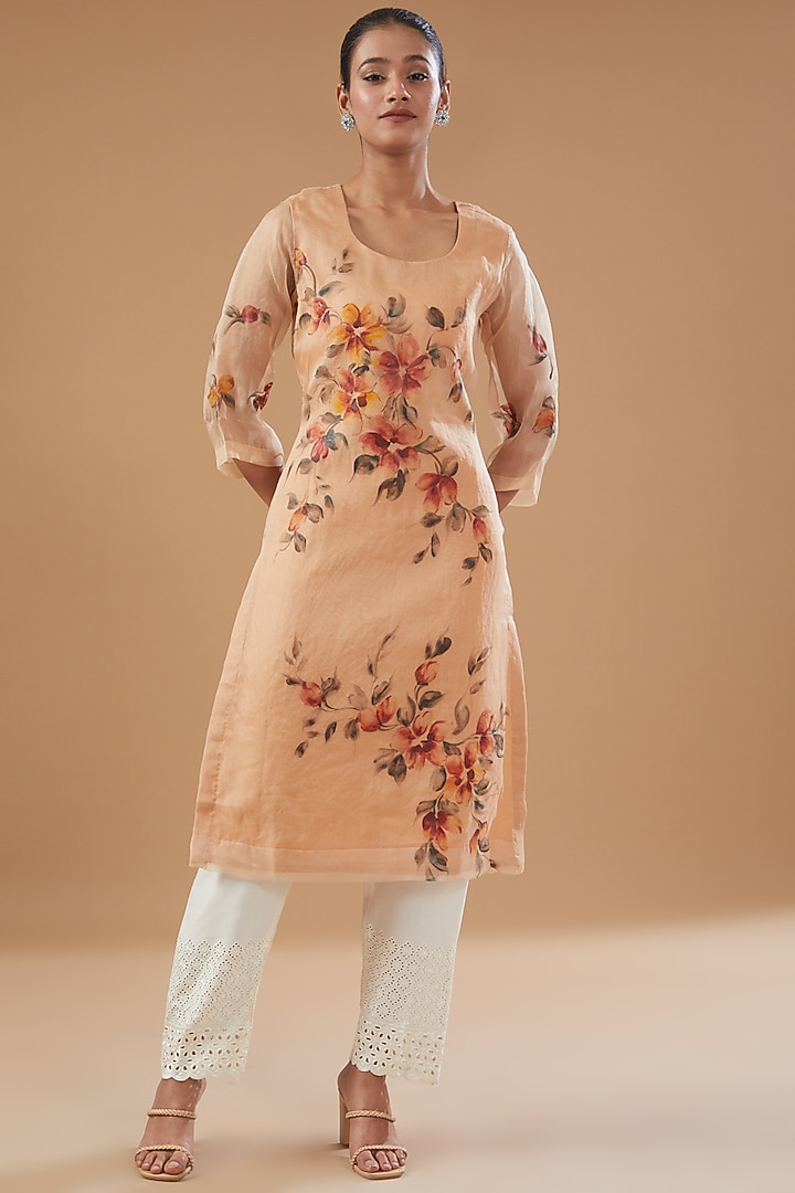 Beige Pure Silk Organza Hand Painted Kurta by Fallon Studio by Shruti Kaushik at Pernia's Pop Up Shop