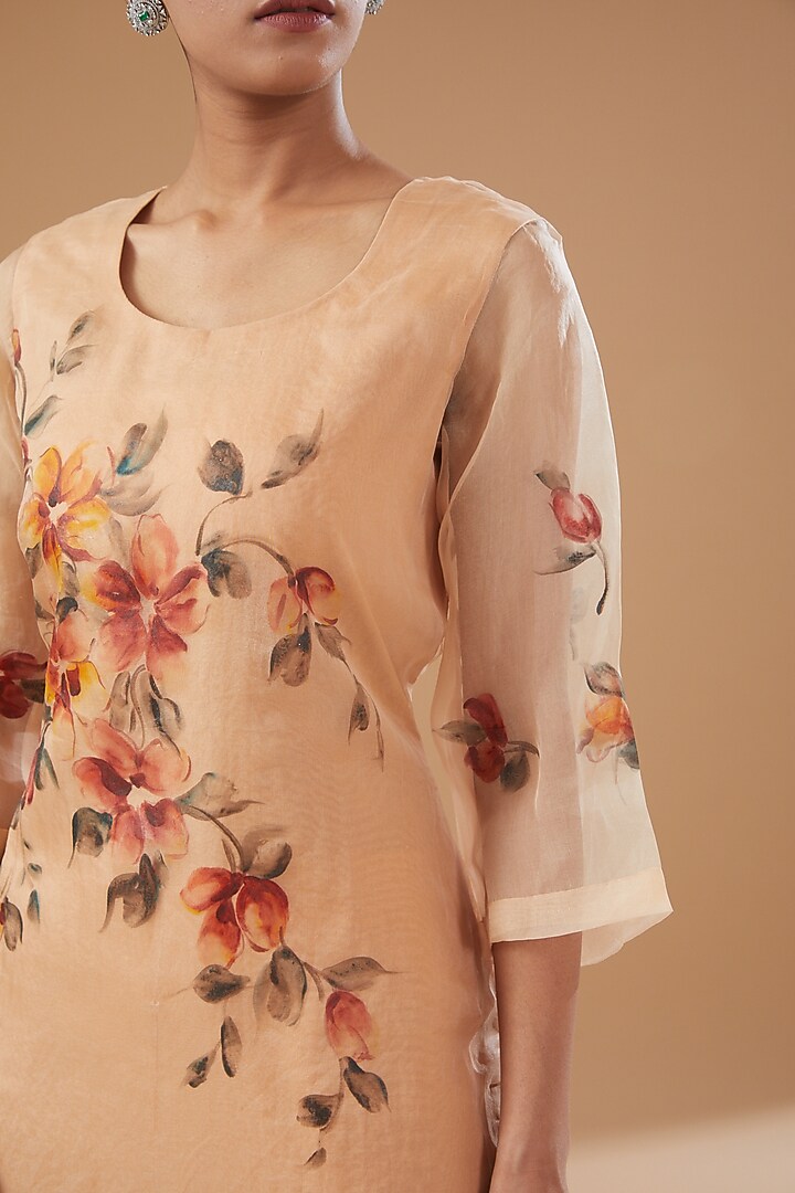 Beige Pure Silk Organza Hand Painted Kurta by Fallon Studio by Shruti Kaushik at Pernia's Pop Up Shop