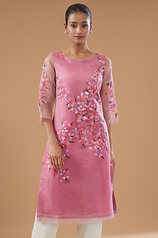 Pink Pure Silk Organza Hand Painted Kurta by Fallon Studio by Shruti Kaushik