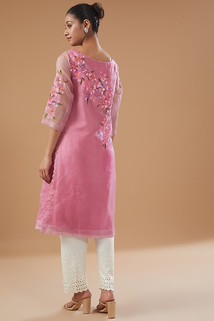 Pink Pure Silk Organza Hand Painted Kurta by Fallon Studio by Shruti Kaushik at Pernia's Pop Up Shop