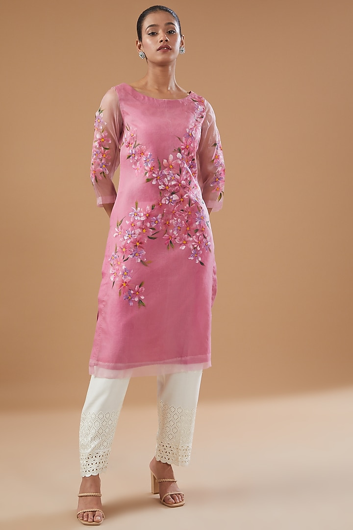 Pink Pure Silk Organza Hand Painted Kurta by Fallon Studio by Shruti Kaushik at Pernia's Pop Up Shop