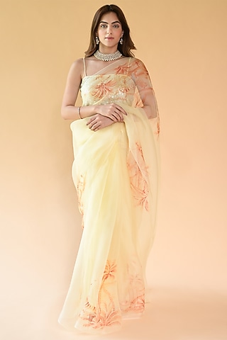 Pastel Yellow Pure Silk Organza Hand Painted Saree Set  by Fallon Studio by Shruti Kaushik
