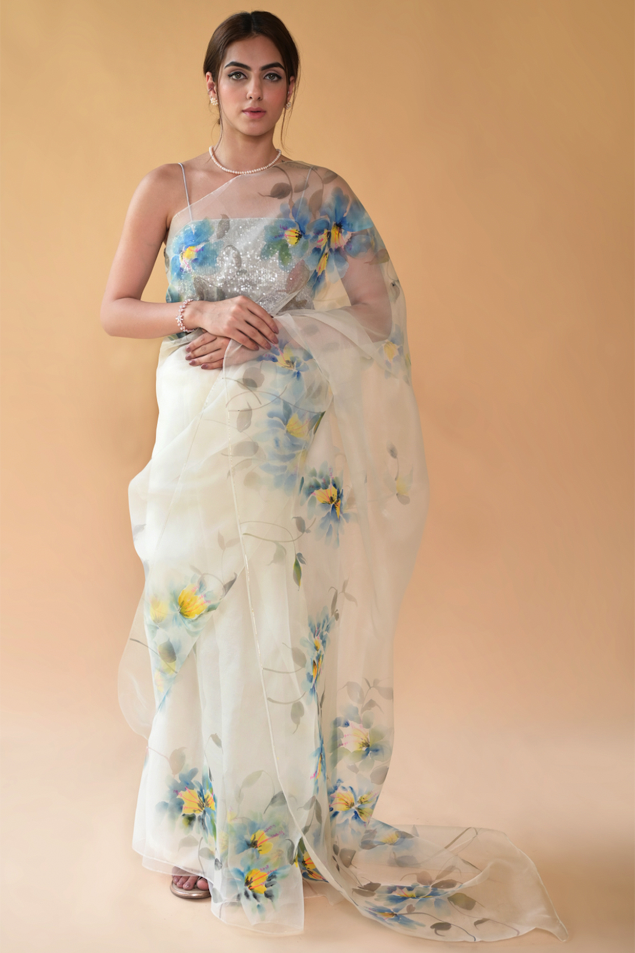 Off-White Hand Painted Party Wear Saree Set by Fallon Studio by Shruti Kaushik at Pernia's Pop Up Shop