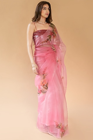 Salmon Pink Silk Organza Hand Painted Saree Set by Fallon Studio by Shruti Kaushik