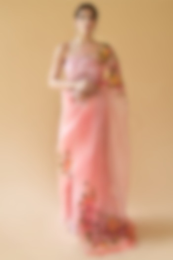 Powder Pink Silk Hand Painted Saree Set by Fallon Studio by Shruti Kaushik