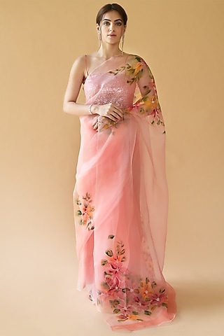 Powder Pink Silk Hand Painted Saree Set by Fallon Studio by Shruti Kaushik
